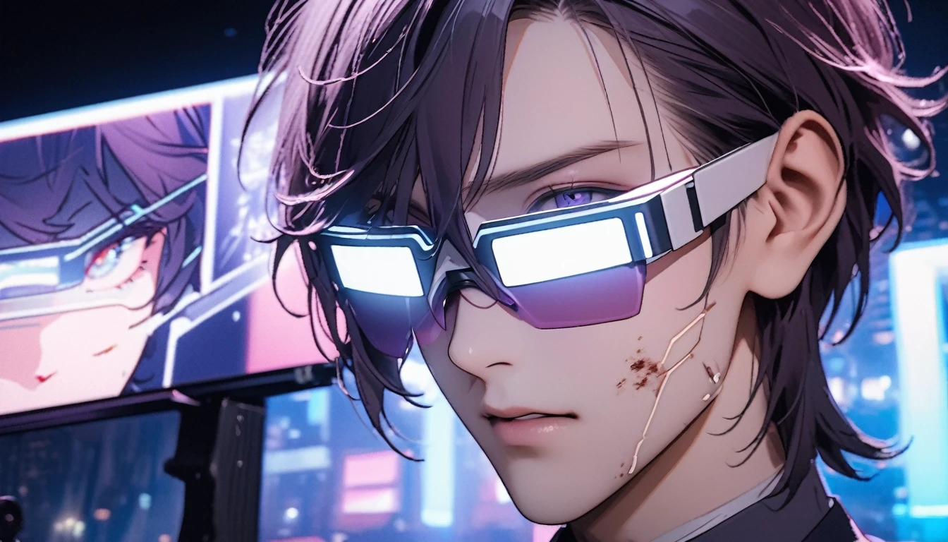 A dark purple half-rabbit young man.,There is a wound on the cheek.,Wear VR glasses ,สวมชุดเกราะ Sci-fi robot tone neon , senior officer chief ,Close-up photo,Close-up photo,portrait,Neon city of lights on stage,speaking with determination,straight face