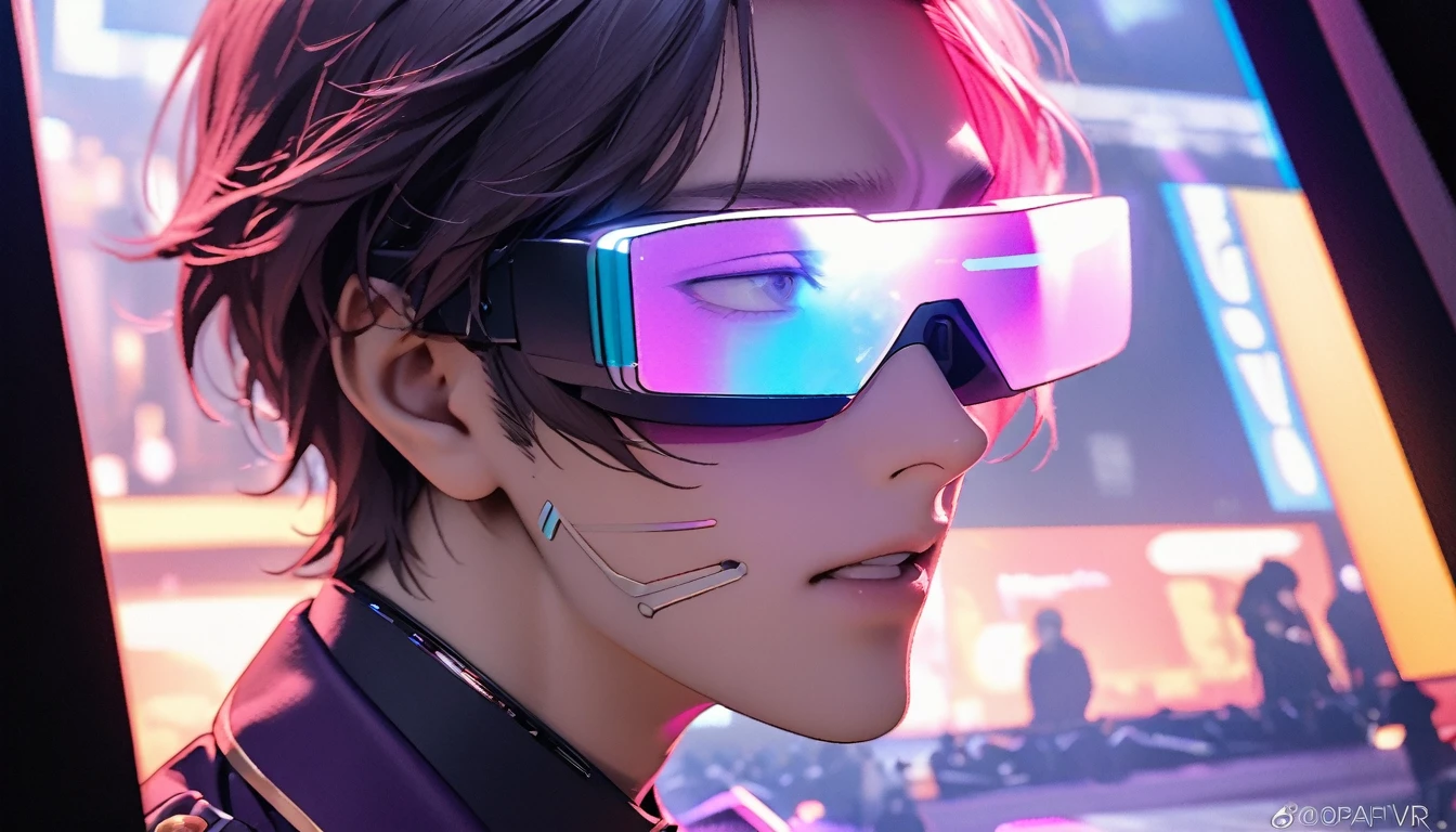A dark purple half-rabbit young man.,There is a wound on the cheek.,Wear VR glasses ,สวมชุดเกราะ Sci-fi robot tone neon , senior officer chief ,Close-up photo,Close-up photo,portrait,Neon city of lights on stage,speaking with determination,straight face