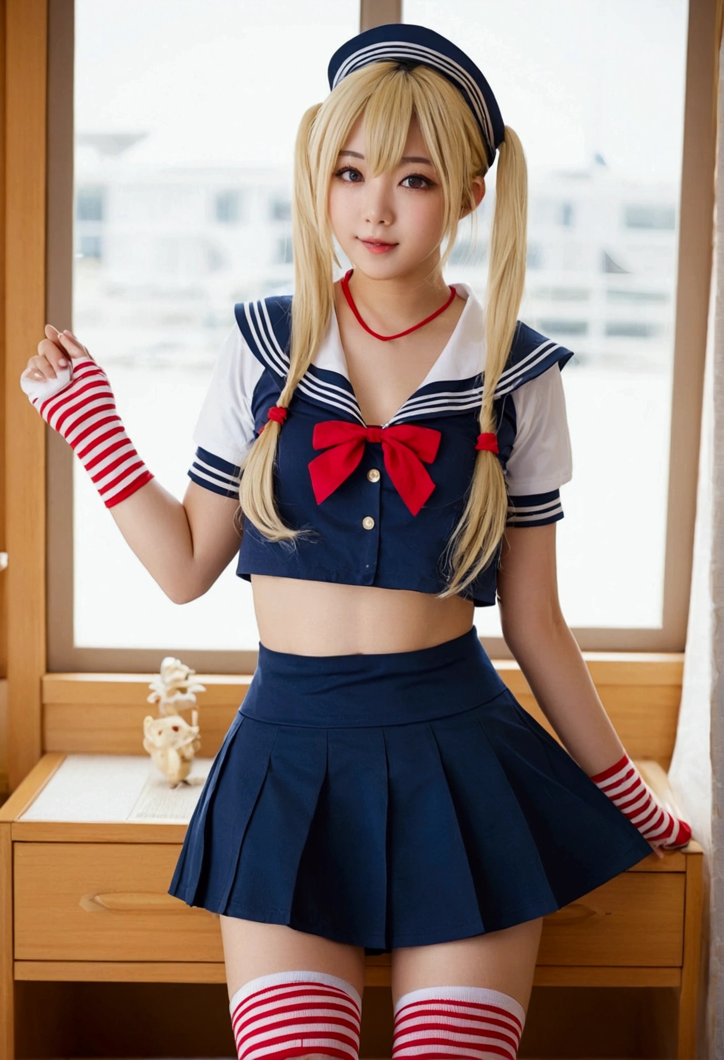 girl、cute、13Year、blonde、Long Hair、mini skirt、Mini Sailor、Belly button、Red striped knee socks、String Panties、shimakaze_Fleet Collection