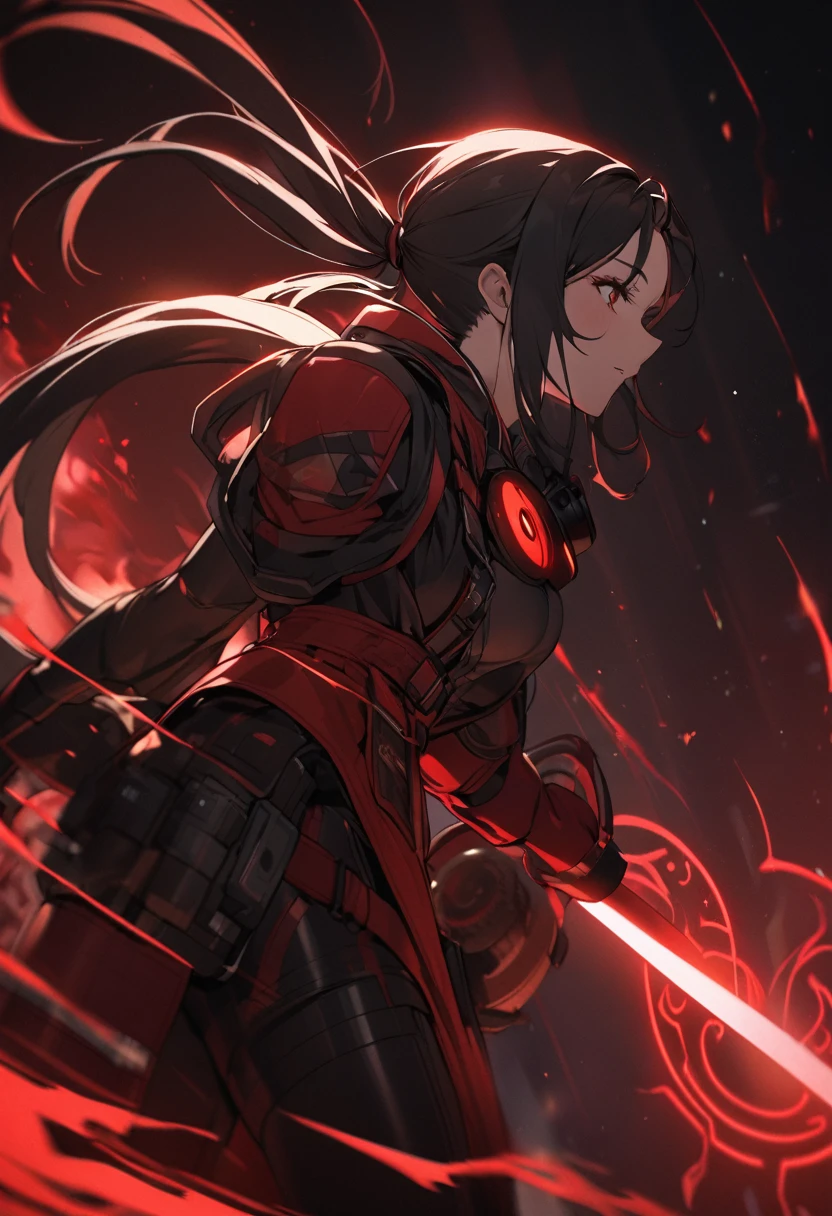 A woman,matured, perfect anatomy, high tech gas mask,long pony tail hair(black hair),red aura,red magic circle,long samurai sword,tight outfit,,closeup cinematic lighting, cinematic angle,side view
