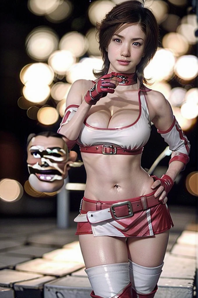 Muscular arms,More detailed 8K.Unreal Engine:1.4,Ultra-high resolution,La Highest quality:1.4, Realistic:1.4, Skin Texture:1.4, masterpiece:1.8,first work, Highest quality,Object Object], (Detailed facial features:1.3),(Fine hand:1.4)Muscular,Professional wrestler,tiny breasts, short hair, skirt, Brown Hair, Knee socks, gloves, belly button, Cleavage, Brown eyes, boots, abdomen, belt, miniskirt, Crop top, Earrings, Race Queen, belly button Earrings, fingerless gloves, Clothing cutouts, Cleavage cutout, choker