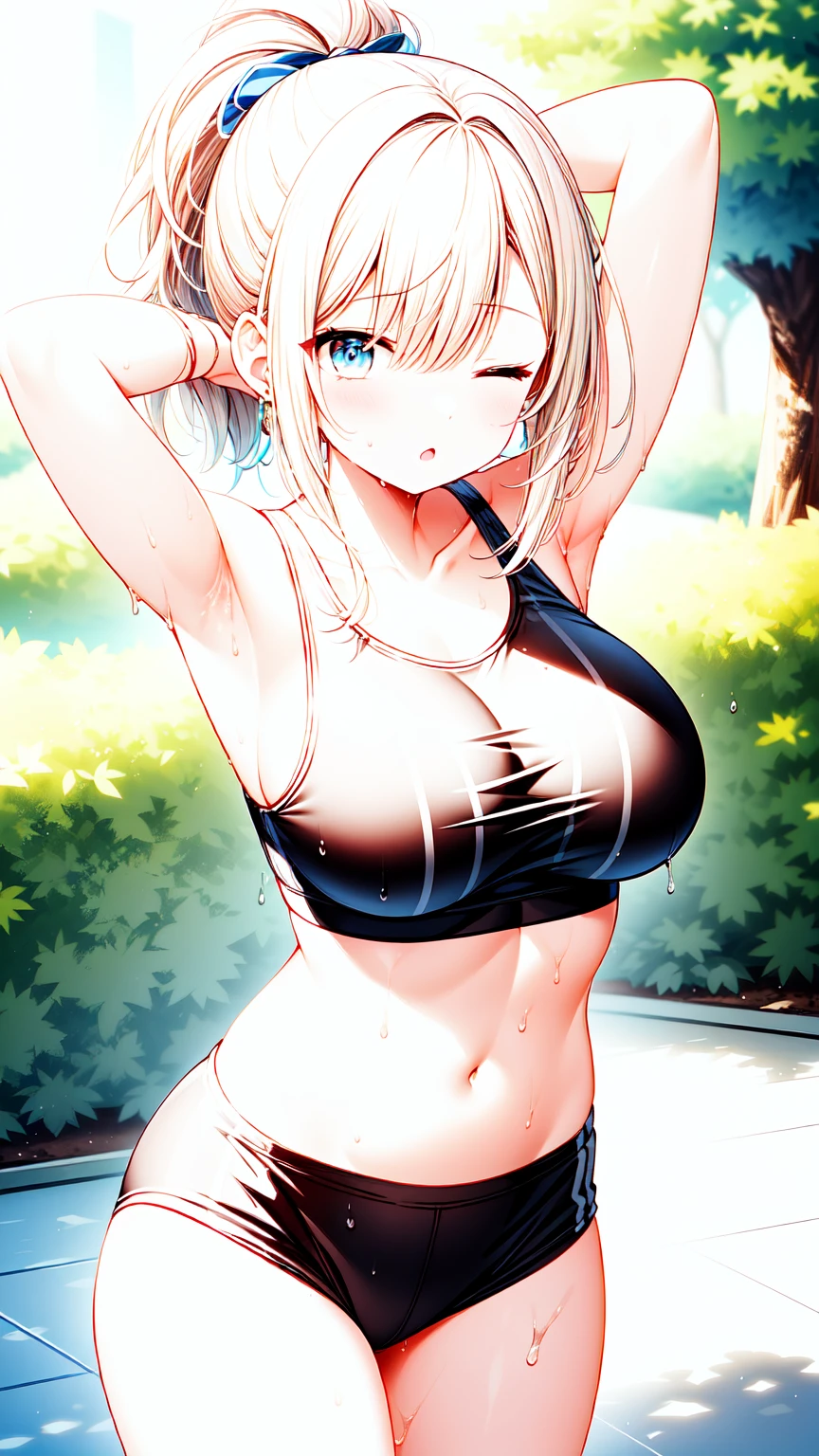 beautiful, masterpiece, best quality, extremely detailed face, perfect lighting, masterpiece, best quality, 1girl, blush, blue eyes, white hair, long hair, ponytail, buruma, sports bra, sideboob, sportswears, navel, wet, sweat, ;o, one eyes closed, large breasts, arm behind head, standing, leaning forward, garden, looking at viewer