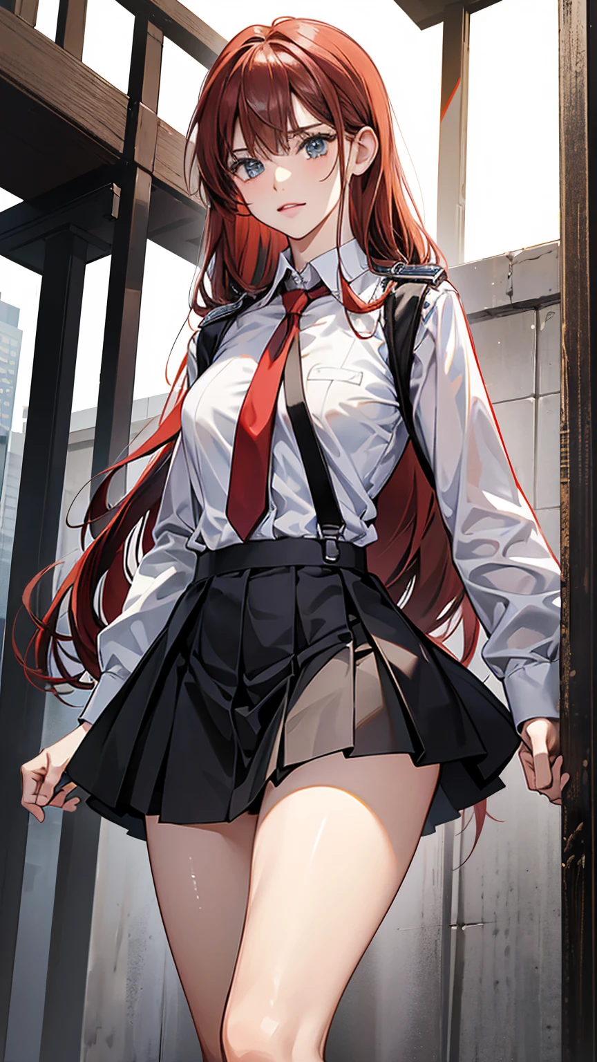 {{masterpiece}}, {{{Highest quality}}},{{Very detailed}}, {{figure}},{{tall}},{{Adult female}},,{{Fighting stance}},,,{{blushing with anger}},,{{Long sleeve mini skirt uniform}},,,{{blushing with anger}},}{}},{fighting stance}},{},{}, ,{{}},{{Eyelet foot}},,{{From Below }},{{}},,{{}},{{}},,Slender body}}{{Avoidance}}{{Female police officer}},,,,suspenders ,Long sleeve mini skirt uniform, White High Socks,Black fingerless gloves, Long Red Hair, Red tie,Straight hair ,Blunt bangs,Thigh holster,.amountn loafer,,blush,Wrinkles ,amount,Grit your teeth,suffering,v-shaped eyebrows.,Sweat dripping,Medium chest ,get annoyed,,Slums,,Twisting,