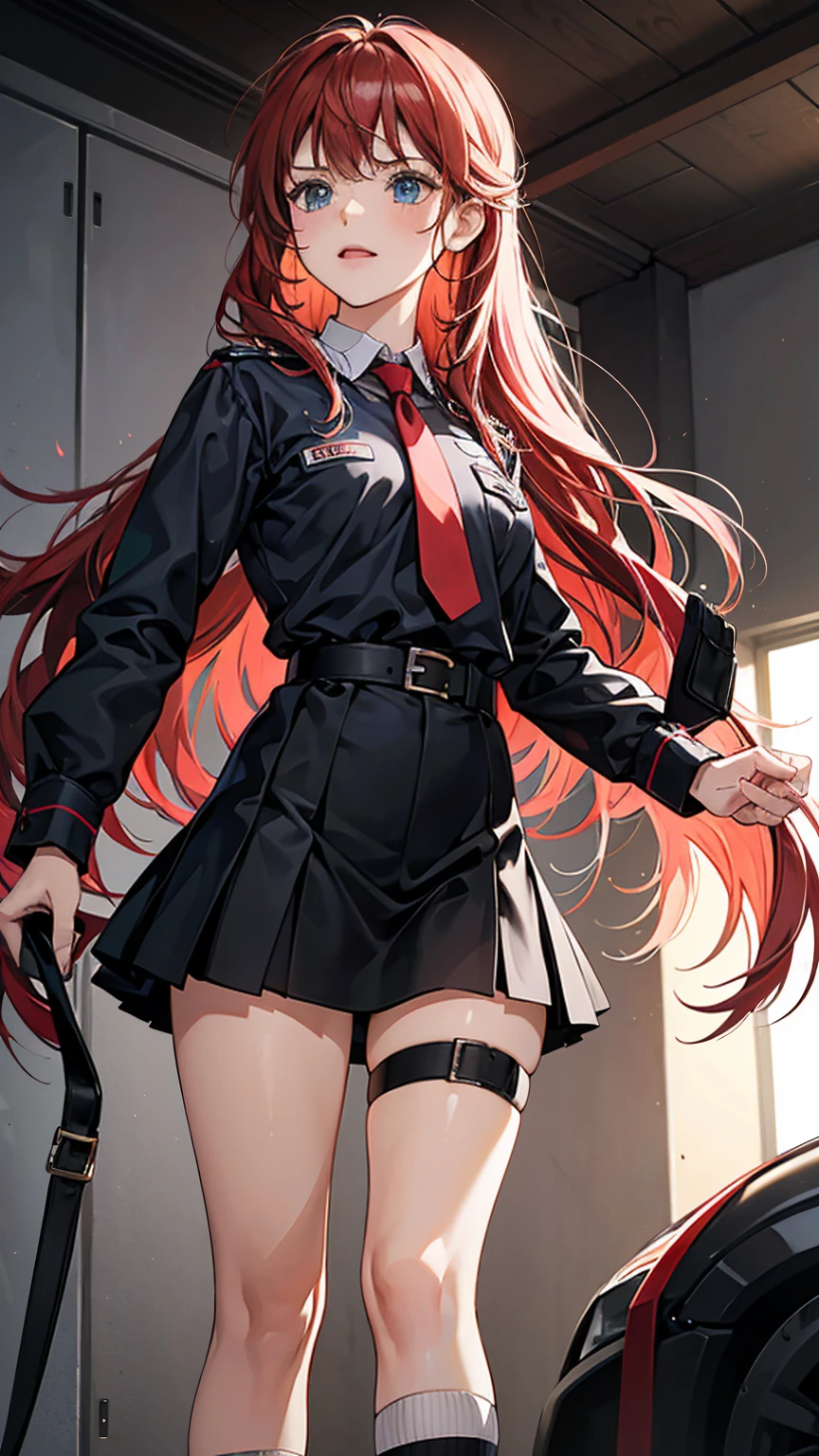 {{masterpiece}}, {{{Highest quality}}},{{Very detailed}}, {{figure}},{{tall}},{{Adult female}},,{{Fighting stance}},,,{{blushing with anger}},,{{Long sleeve mini skirt uniform}},,,{{blushing with anger}},}{}},{fighting stance}},{},{}, ,{{}},{{Eyelet foot}},,{{From Below }},{{}},,{{}},{{}},,Slender body}}{{Avoidance}}{{Female police officer}},,,,suspenders ,Long sleeve mini skirt uniform, White High Socks,Black fingerless gloves, Long Red Hair, Red tie,Straight hair ,Blunt bangs,Thigh holster,.amountn loafer,,blush,Wrinkles ,amount,Grit your teeth,suffering,v-shaped eyebrows.,Sweat dripping,Medium chest ,get annoyed,,Slums,,Twisting,