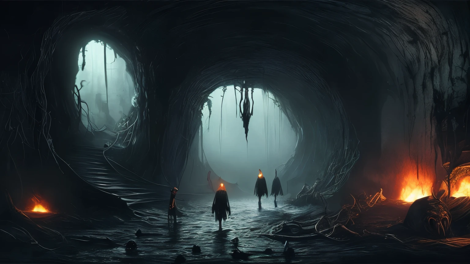 ((best quality)), ((masterpiece)), (detailed), An illustration of a dark, spooky underground location with eerie lighting and creepy creatures lurking in the shadows