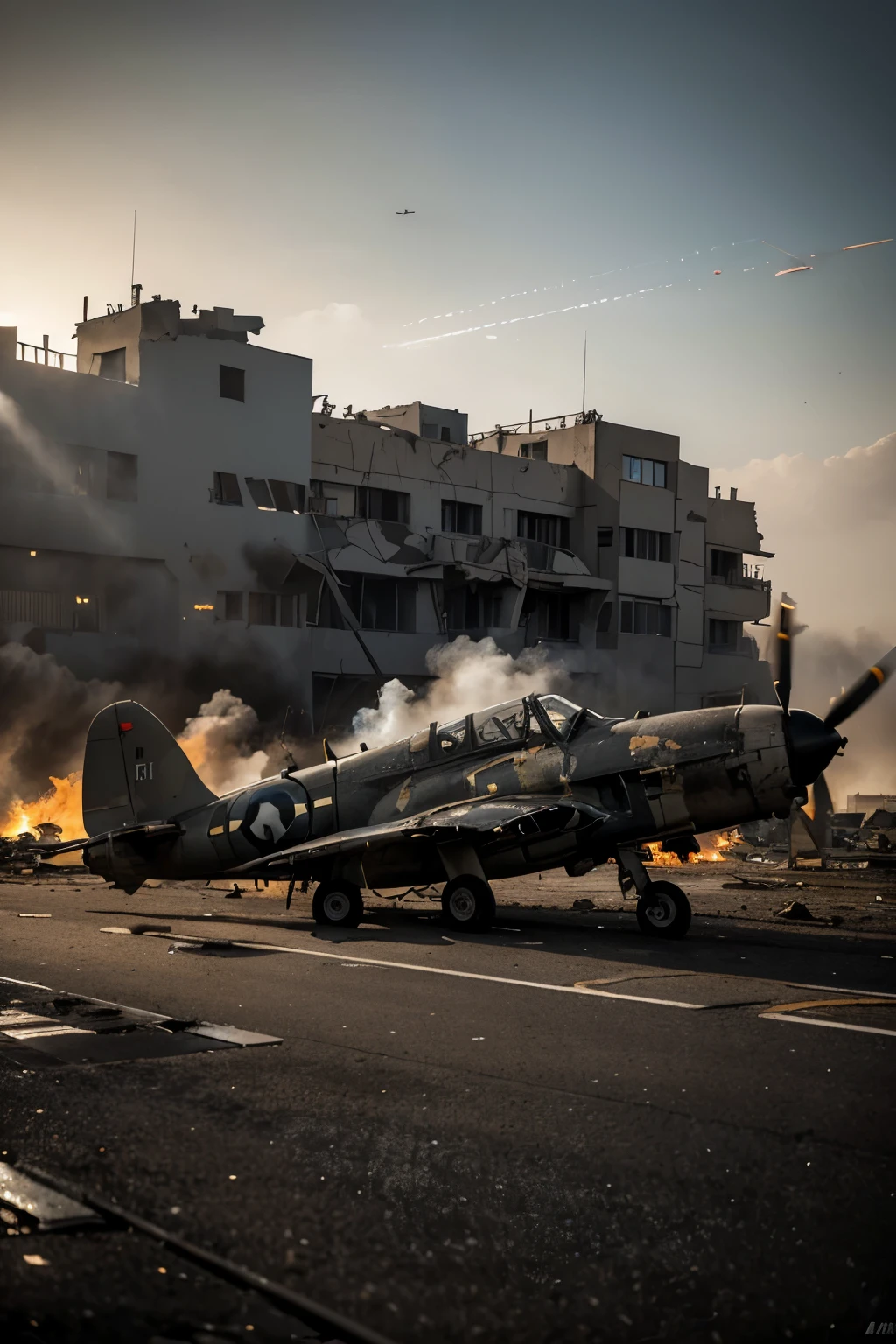 a highly detailed photorealistic image of a destroyed Messerschmitt Bf 109 F4 Trop 5 aircraft on the runway of a airfield in North Africa, flames and smoke on the runway, dramatic lighting, gritty military aesthetic, weathered and worn textures, abandoned and forgotten scene, cinematic composition, masterfully rendered