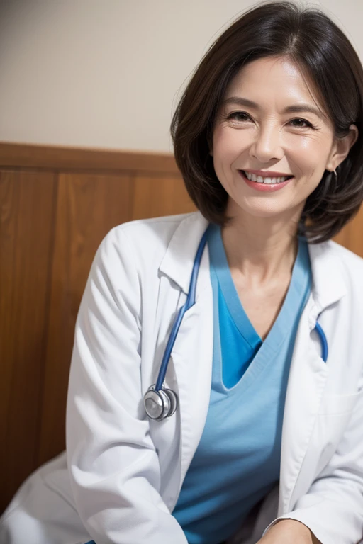 A smiling woman in her 50s wearing a doctor's gown