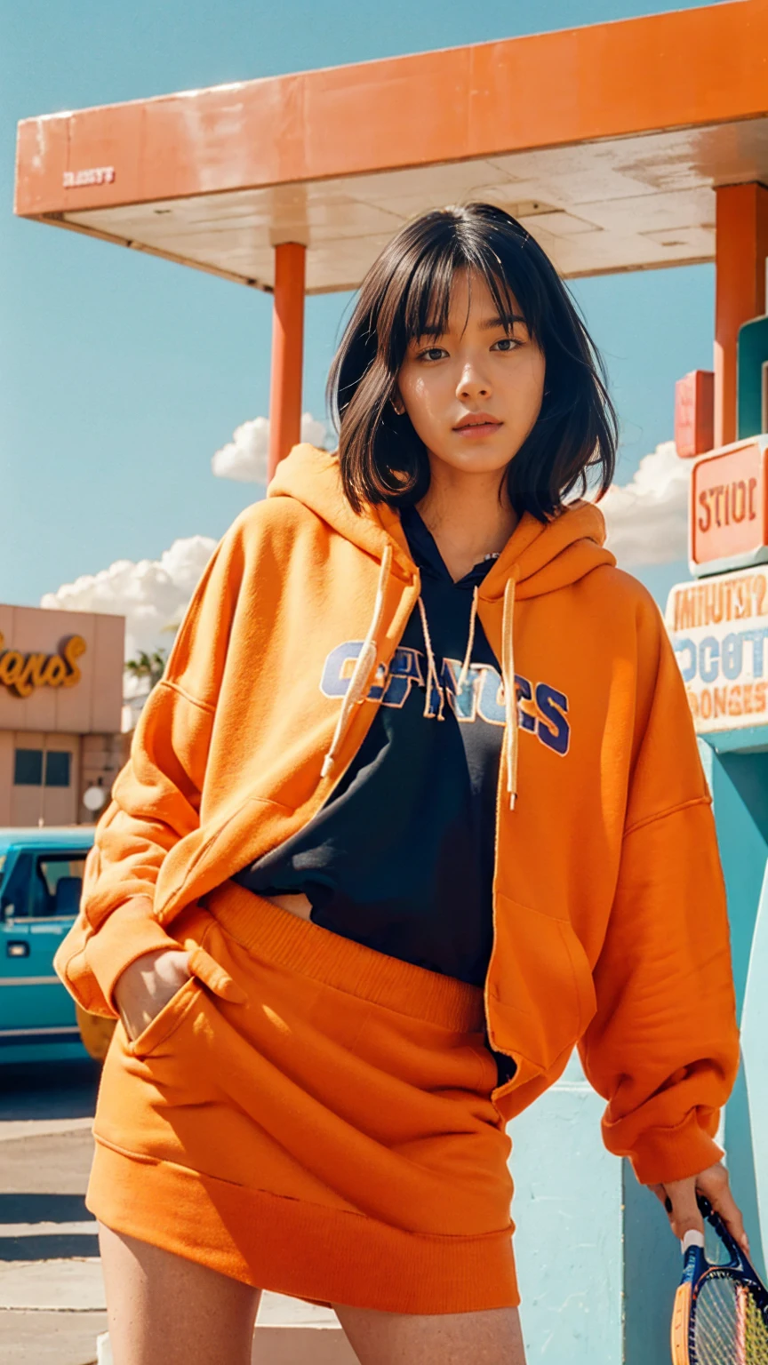 photo cinematic photograph long shot portraits by Wes Anderson, cute 23 yo girl ,fokus, bokeh ,wear ((orange color oversized_hoodie)), wear (( tennis skirt)),looking front,Best Quality,Masterpiece,Ultra High Resolution,(Realisticity:1.4),Original Photo, 1Girl, light leak,ultra high resolution,UHD,beautiful, (black bob hair), almond eye, no makeup, in front of ((80's los angles colorful gas station)), (realistic:1.2), (surreal:1.3), (very detailed:1.1), ((masterpiece)),summer, blue sky, palm trees,sunny, los angles vibes,film camera, 800mm lens,style of Philip Lorca diCorcia