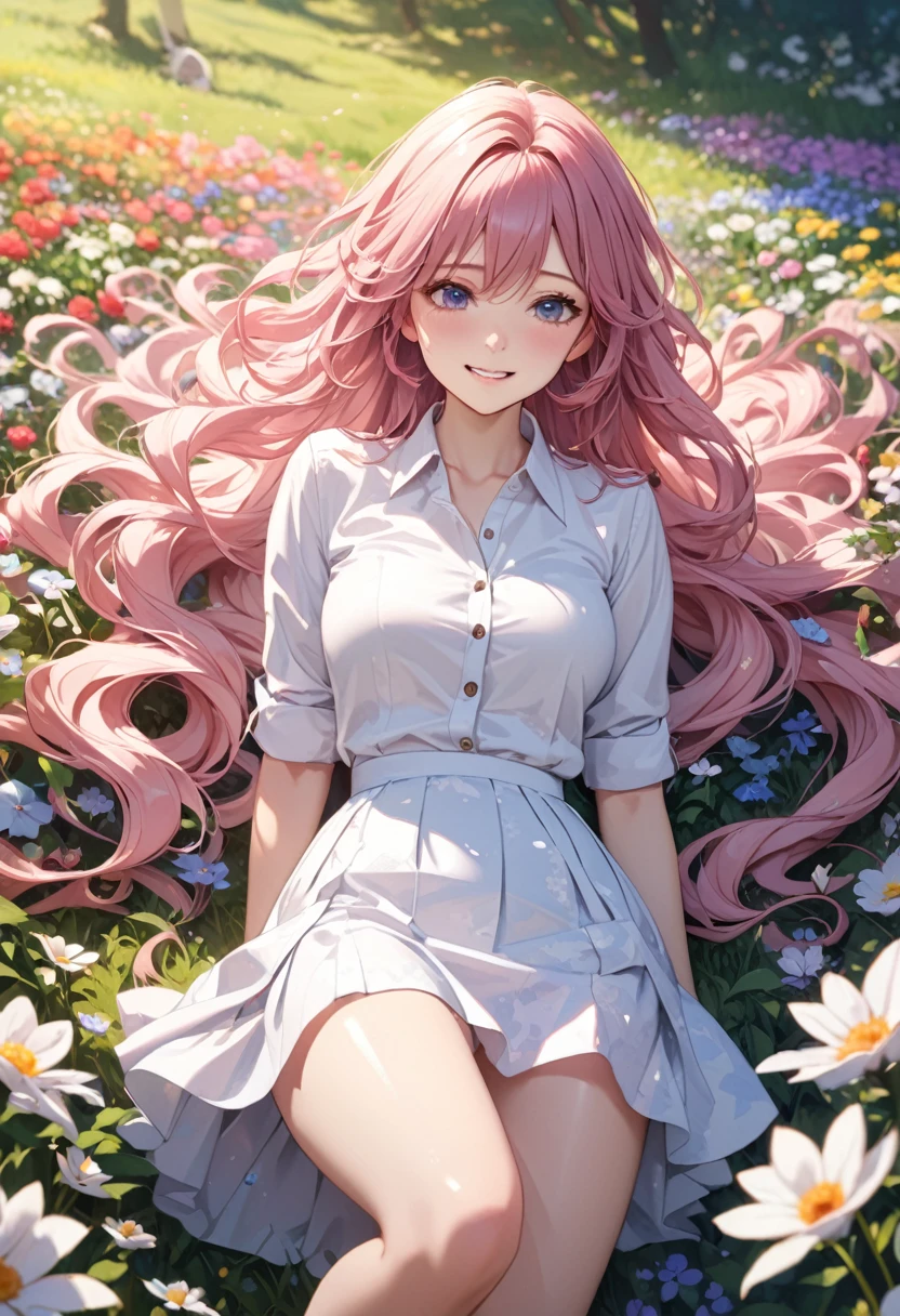 , ultra detailed, hyper detailed, best quality, highres, 4K, field of flowers, , looking at viewer, puzzled, happy, , shy, very long hair, wave hair, gradient hair, tall, slender, beautiful breasts, upskirt, panties, dappled sunlight,