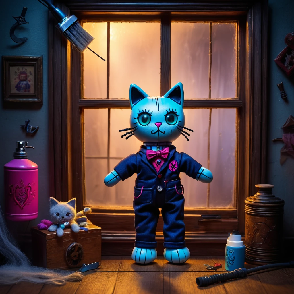 (knitted toy voodoo doll:1.7), (Voodoo Cat Window Cleaner in Foggy House:1.3), (Clothing: tattered cleaning uniform with mystical symbols:1.0), (Accessories: enchanted squeegee, glowing sinister cleaning spray:1.2), (background: foggy house with floating, glowing spectral windows and eerie mist:1.2), best quality, masterpiece, detailed soft oil painting, detailed background, dramatic cinematic lighting, soft edge lighting, professional, dramatic lighting, hard edge lighting, ultra quality, 4k,masterpiece, best quality, 8k, ultra highres, highres, extremely detailed