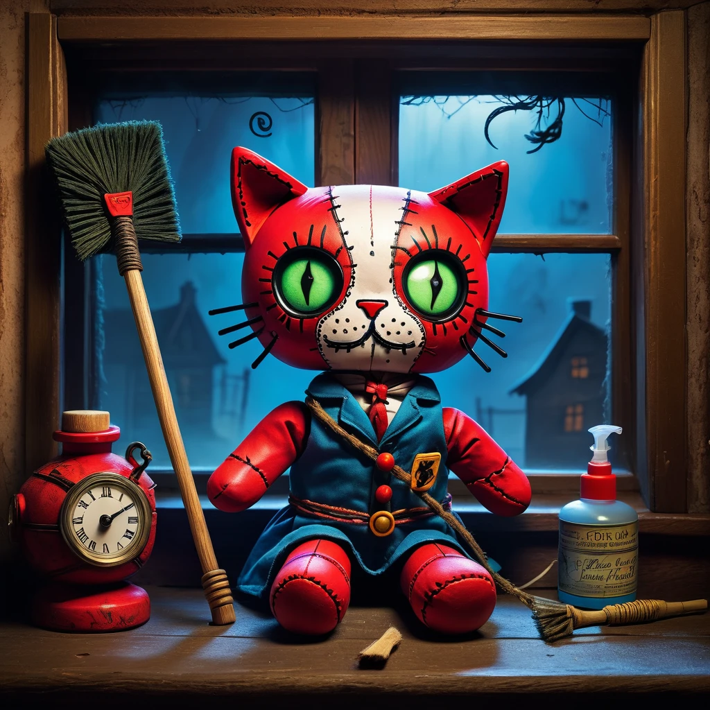 (knitted toy voodoo doll:1.7), (Voodoo Cat Window Cleaner in Foggy House:1.3), (Clothing: tattered cleaning uniform with mystical symbols:1.0), (Accessories: enchanted squeegee, glowing sinister cleaning spray:1.2), (background: foggy house with floating, glowing spectral windows and eerie mist:1.2), best quality, masterpiece, detailed soft oil painting, detailed background, dramatic cinematic lighting, soft edge lighting, professional, dramatic lighting, hard edge lighting, ultra quality, 4k,masterpiece, best quality, 8k, ultra highres, highres, extremely detailed