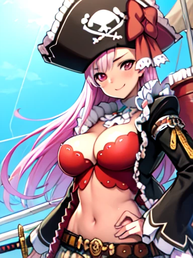 masterpiece, high res, detailed face, detailed eyes, 1 girl, solo,  pink hair, pink eyes, long hair, pirate hat, pirate costume, rapier sword, smile, sunny weather, pirate ship