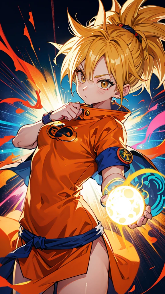 Dragon Ball、Sun Wukong、The costumes are flashy, psychedelic, and pop street fashion.、Stylish、The illustrations are generally flashy、The background is a street wall with spray art.、