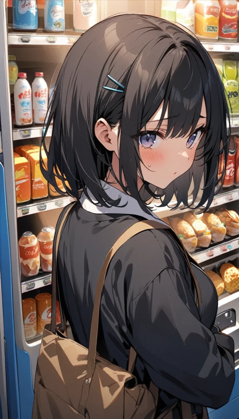 In front of the vending machine、high school girl、Black bob hair、hairpin、There&#39;s a guy standing next to me with his penis out.、Penis in front of face、Open-mouthed expression of joy、Drooling((She stares at my penis with pleasure))、Hearts in the eyes、Large Breasts、Deep valley、nsfw