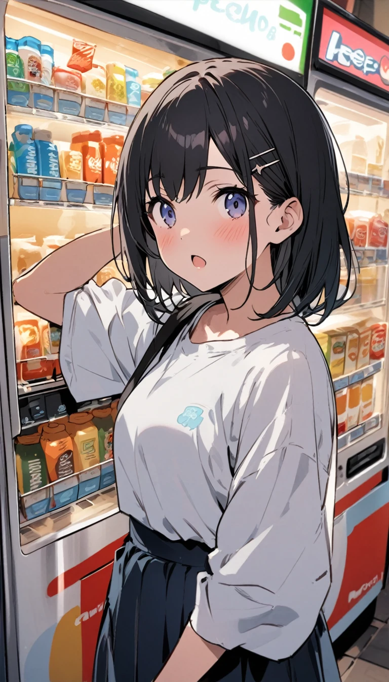 In front of the vending machine、high school girl、Black bob hair、hairpin、There&#39;s a guy standing next to me with his penis out.、Penis in front of face、Open-mouthed expression of joy、Drooling((She stares at my penis with pleasure))、Hearts in the eyes、Large Breasts、Deep valley、nsfw