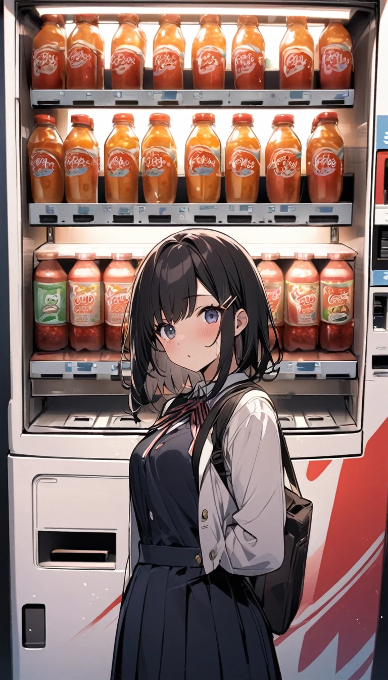 In front of the vending machine、high school girl、Black bob hair、hairpin、There&#39;s a guy standing next to me with his penis out.、Penis in front of face、Open-mouthed expression of joy、Drooling((She stares at my penis with pleasure))、Hearts in the eyes、Large Breasts、Deep valley、nsfw