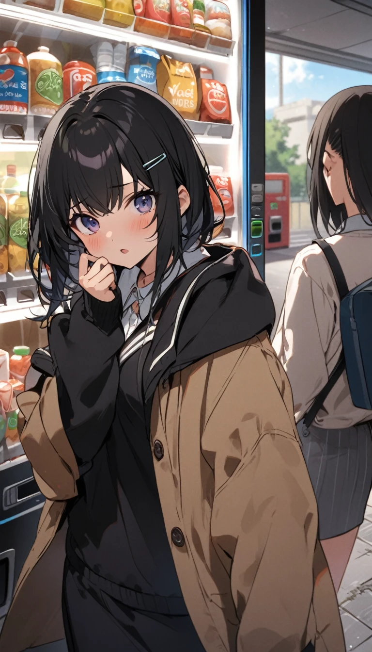 In front of the vending machine、high school girl、Black bob hair、hairpin、There&#39;s a guy standing next to me with his penis out.、Penis in front of face、Open-mouthed expression of joy、Drooling((She stares at my penis with pleasure))、Hearts in the eyes、Large Breasts、Deep valley、nsfw