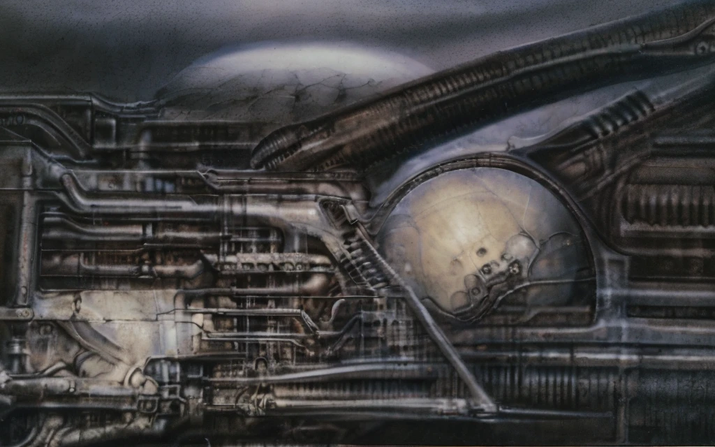 xgiger, The image is a detailed view of H.R. Giger's biomechanical tableau \" LANDSCAPE No 312 \" plate, featuring
a complex, intricate, and detailed design of endless Machine in the transit space over the cascade of fallen water, that appears to be a fusion of organic and mechanical elements, with a focus on the interplay between the two.The piece is a tableau, most likely created with a India ink pen or pencil on paper, determined by the thin lines, shading techniques, and the texture of the paper, which is visible around the edges.
Used is pen, given the shading and variations in line weight visible in the image. Artist have used a variety of stylus with different degrees of hardness to achieve the shading effects.
The use of undersaturated green-grays dark contrasts creates a stark and graphic look. Is used a variety of linework techniques to create different textures. Fine, parallel lines create a smooth, metallic texture,while thicker, more cursive lines suggest cables or wires.
Light source from the top highlights skeletals, pper part of foreground, lower part of image is in shadowupper part of foreground, lower part of image is in shadow.
The art performance showcases the artist’s skills in observation and rendering. The level of detail in the piece suggests a close study of real bone specimens and mechanics. The artist has skillfully used shading techniques to create a convincing illusion of three-dimensionality on a flat surface. The wrinkles and cracks in the surface, and the cast shadows with accuracy, used shading techniques to create a realistic depiction of light and shadow on the objects. This creates a sense of depth and dimension in the image. The artist has used careful linework to depict the contours and textures in the piece
Sharp focus on foreground elements illustration. Deep and delicate DOF. Big painting. Stored in Louvre masterpiece, ooze soaked pajama top