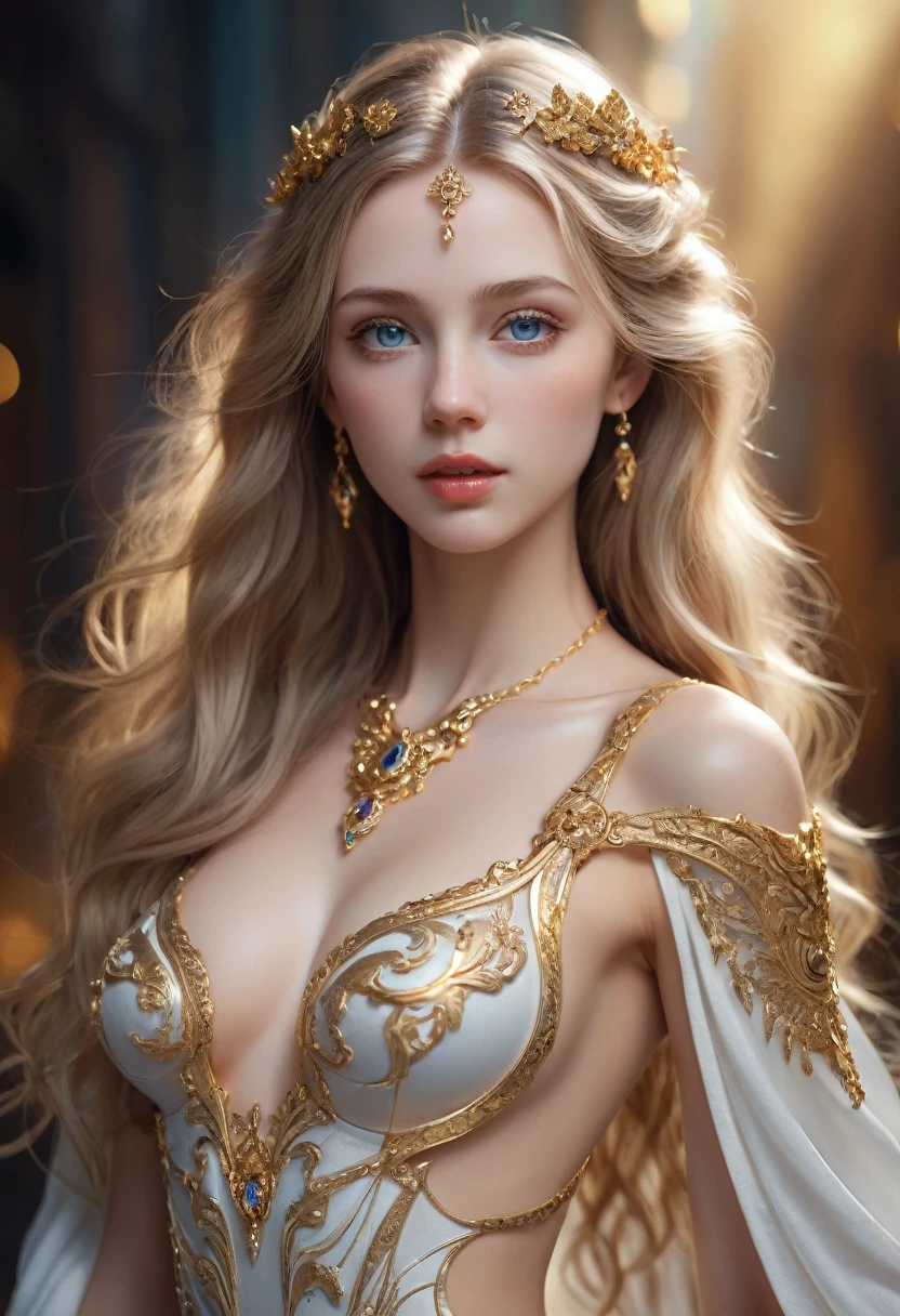 (Masterpiece.Uhd.photorealistic) ((full body shot)). 1 ultra hot gorgeous European woman, age 23, ethereum crypto goddess, beautiful detailed eyes, beautiful detailed lips, extremely detailed face, long eyelashes, flawless porcelain skin, flowing golden hair, elegant posture, graceful movements, serene expression, detailed intricate silver and gold jewelry, ornate flowing dress, shimmering ethereal aura, dramatic dramatic lighting, cinematic composition, vibrant vivid colors, dramatic shadows, studio lighting, ultra-fine painting, sharp focus, physically-based rendering, extreme detail description, professional, vivid colors, bokeh. Outside scenery.BREAK
Perfect anatomy.
perfect hair.
perfect breast.
perfect body.
perfect hands.
perfect face.
perfect eyes.
accurate. 
anatomically correct.