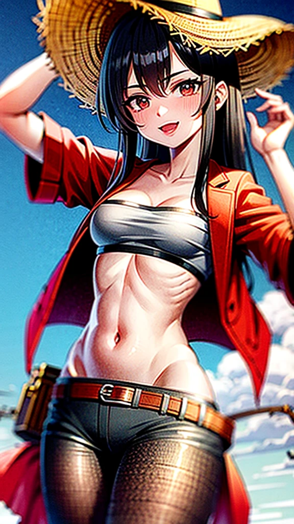 1 female, medium length brown hair, hazel eyes, wearing pirate outfit, at the helm of a pirate ship, wearing straw hat with red band, wearing straw hat