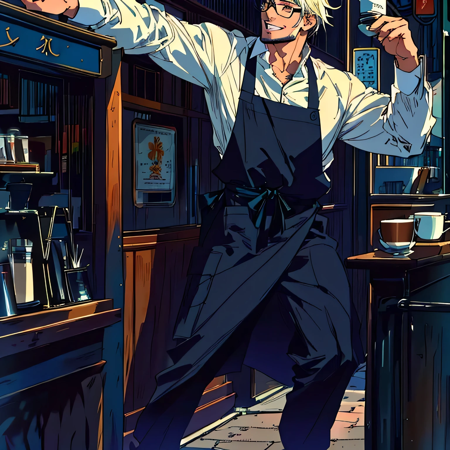 masterpiece, Highest quality, (alone focus), (Perfect Face:1.1), (Attention to detail:1.1),dramatic, gentleman,1 person, Anime Style,(Healthy Skin),Muscular,Front double biseps,White eyes,[glasses], Monocle,alone,White collared shirt,Black Apron,Wide open mouth smile,LOL,looking at the camera,Detailed Background,art,Coffee shop,Cinema Lighting,Coffee in hand