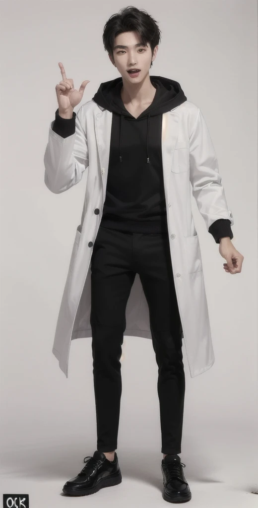 (OK Sign.:1.7),(photorealistic:1.2), (high detail face:1.3), (high detail hands:1.3), (anatomically correct hands:1.2), handsome young asian man, Japanese idol style, short clean-cut hair, ((center part)), (crisp white lab coat:1.3), ((black hoodie underneath:1.2)), (black pants:1.2), (black shoes:1.2), (enthusiastic expression:1.3), ((explain pose:1.4)), (both arms raised:1.3), (clenched fists:1.3), (energetic stance:1.2), plain white background, mid-shot portrait, full body view, high quality, detailed, 8K, (realistic skin texture:1.2), (sharp focus:1.1), (contrast between white coat and black clothing:1.2)