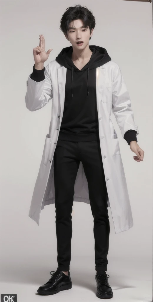 (OK Sign.:1.7),(photorealistic:1.2), (high detail face:1.3), (high detail hands:1.3), (anatomically correct hands:1.2), handsome young asian man, Japanese idol style, short clean-cut hair, ((center part)), (crisp white lab coat:1.3), ((black hoodie underneath:1.2)), (black pants:1.2), (black shoes:1.2), (enthusiastic expression:1.3), ((explain pose:1.4)), (both arms raised:1.3), (clenched fists:1.3), (energetic stance:1.2), plain white background, mid-shot portrait, full body view, high quality, detailed, 8K, (realistic skin texture:1.2), (sharp focus:1.1), (contrast between white coat and black clothing:1.2)
