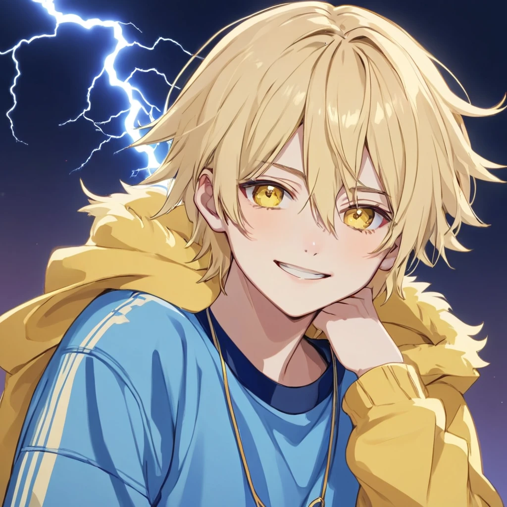 Arte Anime Yaoi Aesthetic 4K, 1 Boys Love Anime Boy, femboy, Gay, Straight Blonde Hair Falling Down to the Chin with a Parting on the Forehead, Electric Blue Locks, Light brown eyes, round portruding chin, Yellow Sweatshirt Blue Details, fluffly, Lightning Necklace, (Young and Beautiful Appearance) cuteness, mellow, Grinning, hand in hair, (Miyano Appearance), (Single Male) (standing alone) (two color hair), Beautiful Attractive, Cute, gostoso. (Teen Bedroom Background)