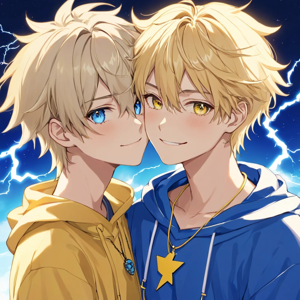 Arte Anime Yaoi Aesthetic 4K, 1 Boys Love Anime Boy, femboy, Gay, Straight Blonde Hair Falling Down to the Chin with a Parting on the Forehead, Electric Blue Locks, Light brown eyes, round portruding chin, Yellow Sweatshirt Blue Details, fluffly, Lightning Necklace, (Young and Beautiful Appearance) cuteness, mellow, Grinning, hand in hair, (Miyano Appearance), (Single Male) (standing alone) (two color hair), Beautiful Attractive, Cute, gostoso. (Teen Bedroom Background)