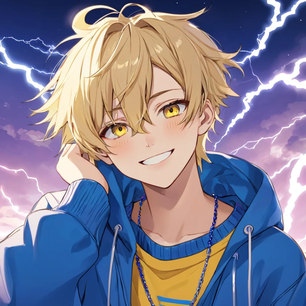 Arte Anime Yaoi Aesthetic 4K, 1 Boys Love Anime Boy, femboy, Gay, Straight Blonde Hair Falling Down to the Chin with a Parting on the Forehead, Electric Blue Locks, Light brown eyes, round portruding chin, Yellow Sweatshirt Blue Details, fluffly, Lightning Necklace, (Young and Beautiful Appearance) cuteness, mellow, Grinning, hand in hair, (Miyano Appearance), (Single Male) (standing alone) (two color hair), Beautiful Attractive, Cute, gostoso. ( Bedroom Background)
