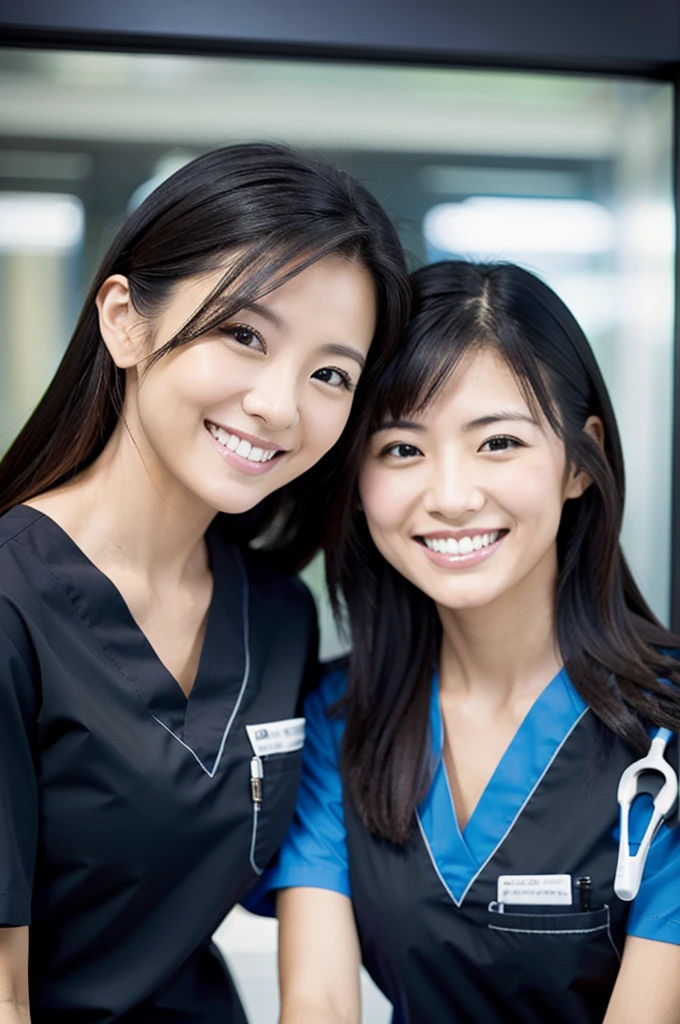 Dental hygienist, two women, smiling, all wearing black medical scrubs, short sleeves, Japanese, black hair, women in their early 20s Upper body close-up high resolution Highest quality Don't press your face too much Shooting outside Harmony々 No accessories included Black clothing