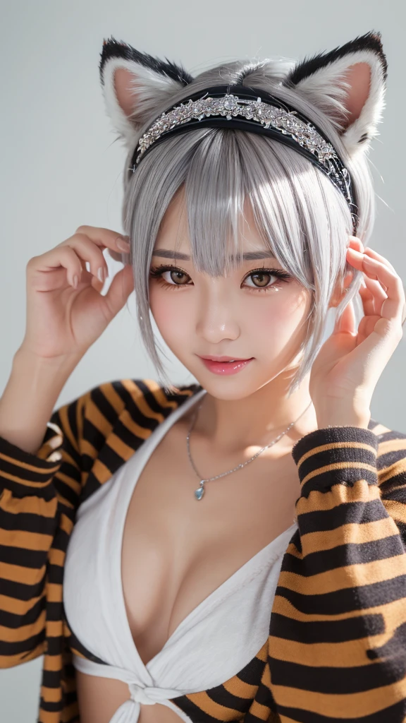 1 woman, high resolution, short hair, Silver Hair, Fox ears, Blushing, Tiger Teeth, Seven-point lens, Headband, Best quality, High Detail, Chest,