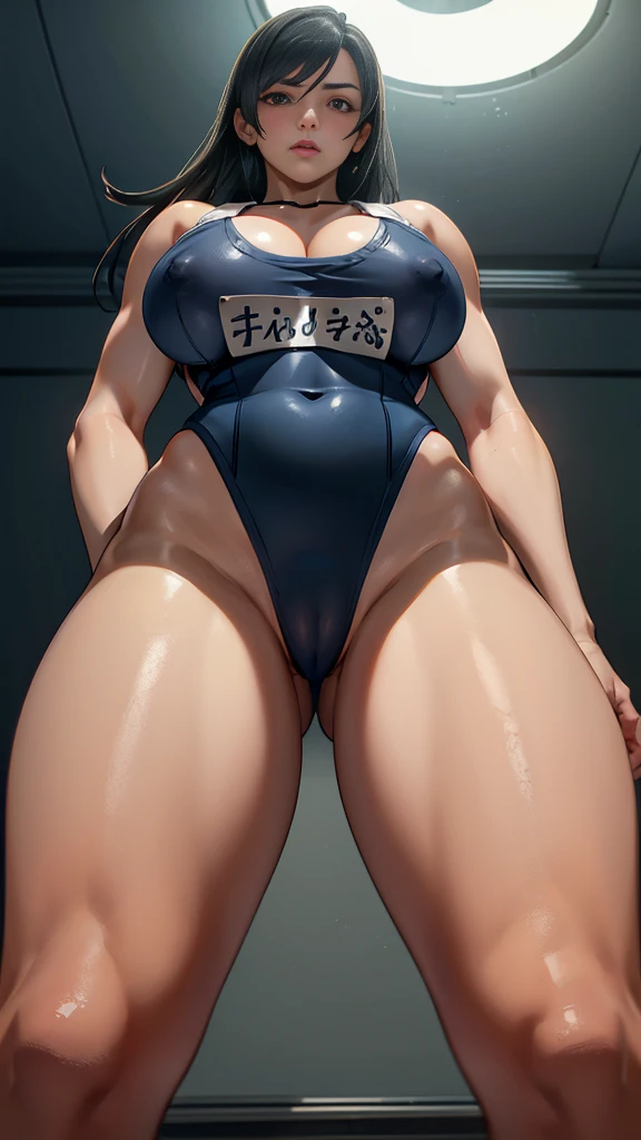 1 Girl,high school girl,Low Angle,(Low - Angle,Tifa,FF7,cameltoe,RAW Photos,Navy blue school swimsuit,Name tag on chest,Cowboy Shot),((from below:2.0)),((Highest quality:1.2, wonderful,8k, masterpiece :1.3)), (Realistic, photoRealistic:1.4),(very fine and beautiful skin),Very detailed,Cinema Lighting, Detailed light, Best Shadow, Dynamic Angle,Super big breasts:1.6, Plump thighs, In the classroom