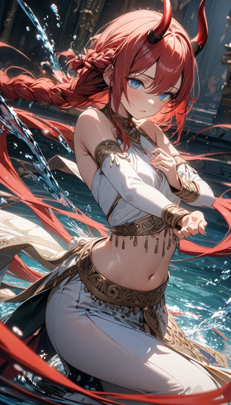 Young girl, long red hair, braid, horns, blue eyes, indian dancer form, skirt, white tight top, open belly, open shoulders, water, dance, Masterpiece, best quality, Full HD, 8k, ultra details, great graphic