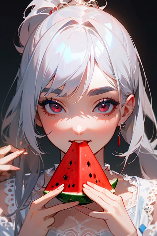 (Highest quality, masterpiece:1.2), (High resolution, 最高masterpiece).(difficult).Very detailed, Realistic:1.37, Fantasy, An illustration,Gray Hair、 Red eyes、Queen, White and blue dress、beautifully、Eyeshadow Red、Thick eyebrows、Long eyelashes、pupils are black、shiny on the lips、Top Sites、Queen、Princess、A kind smile、Show your teeth a little and smile、Soft impression、people々々々々Loved by、Slimming the face、Shoulder Bare、ponytail、Kissing Face、Long white hair、Shaggy Bangs、Save face image、((Lace Underwear)).(Eating watermelon)