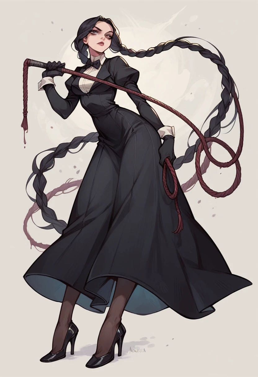 Morticia addams with gloves and pantyhose with high heels and whip and long dress