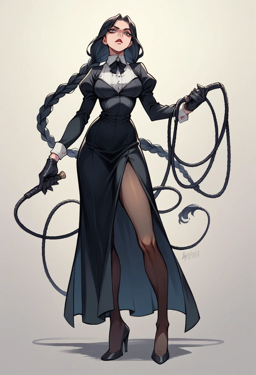 Morticia addams with gloves and pantyhose with high heels and whip and long dress