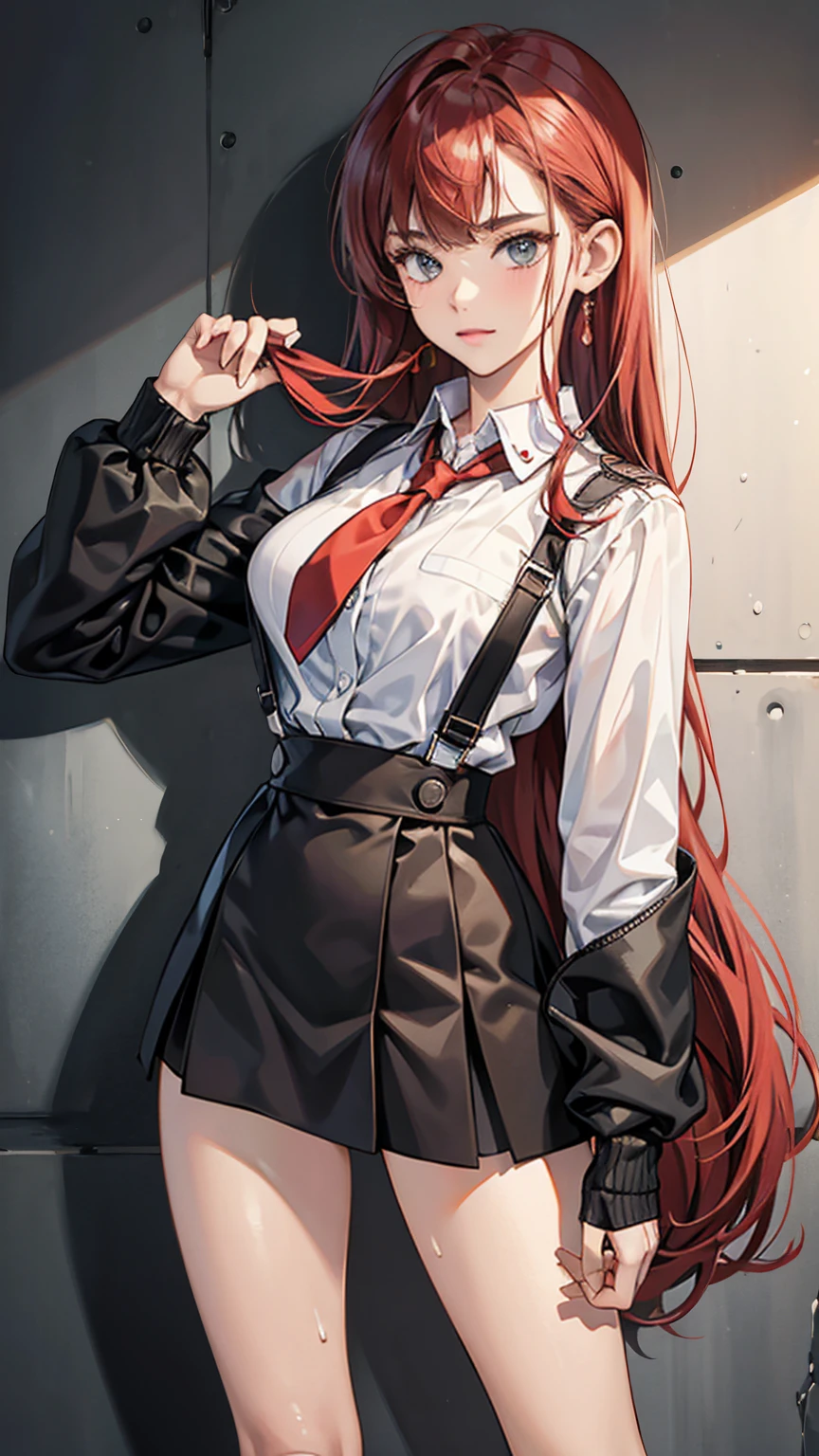 {{masterpiece}}, {{{Highest quality}}},{{Very detailed}}, {{figure}},{{tall}},{{Adult female}},,{{Fighting stance}},,,{{blushing with anger}},,{{Long sleeve mini skirt uniform}},,,{{blushing with anger}},}{}},{fighting stance}},{},{}, ,{{}},{{Eyelet foot}},,{{From Below }},{{}},,{{}},{{}},,Slender body}}{{Avoidance}}{{Female police officer}},,,,suspenders ,Long sleeve mini skirt uniform, White High Socks,Black fingerless gloves, Long Red Hair, Red tie,Straight hair ,Blunt bangs,Thigh holster,.amountn loafer,,blush,Wrinkles ,amount,Grit your teeth,suffering,v-shaped eyebrows.,Sweat dripping,Medium chest ,get annoyed,,Slums,,Twisting,
