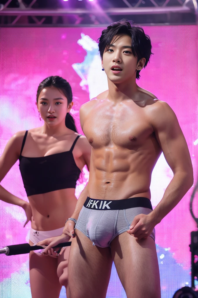 (8k, RAW Photos, Highest quality) masterpiece, 1 ager, 18-year-old, Asian Muscular Man Watching the Viewer, Stand in front, Exposing his huge muscular chest, Puffy nipples, Sexy Six Pack, Tight waist, good looking, topless, A man wearing thong underwear , Gradient Background, Shine & Sequin Backdrops , Cinema Lighting, Ultra-high resolution , KPOP idol,Stage pose