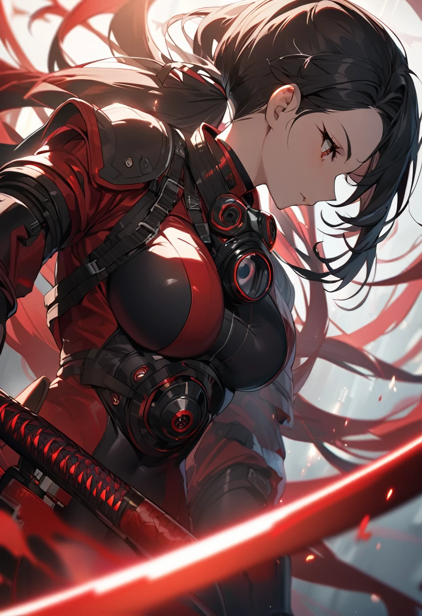 A woman,matured, perfect anatomy, high tech gas mask,long pony tail hair(black hair),red aura,red magic circle,long samurai sword,tight outfit,,closeup cinematic lighting, cinematic angle,side view