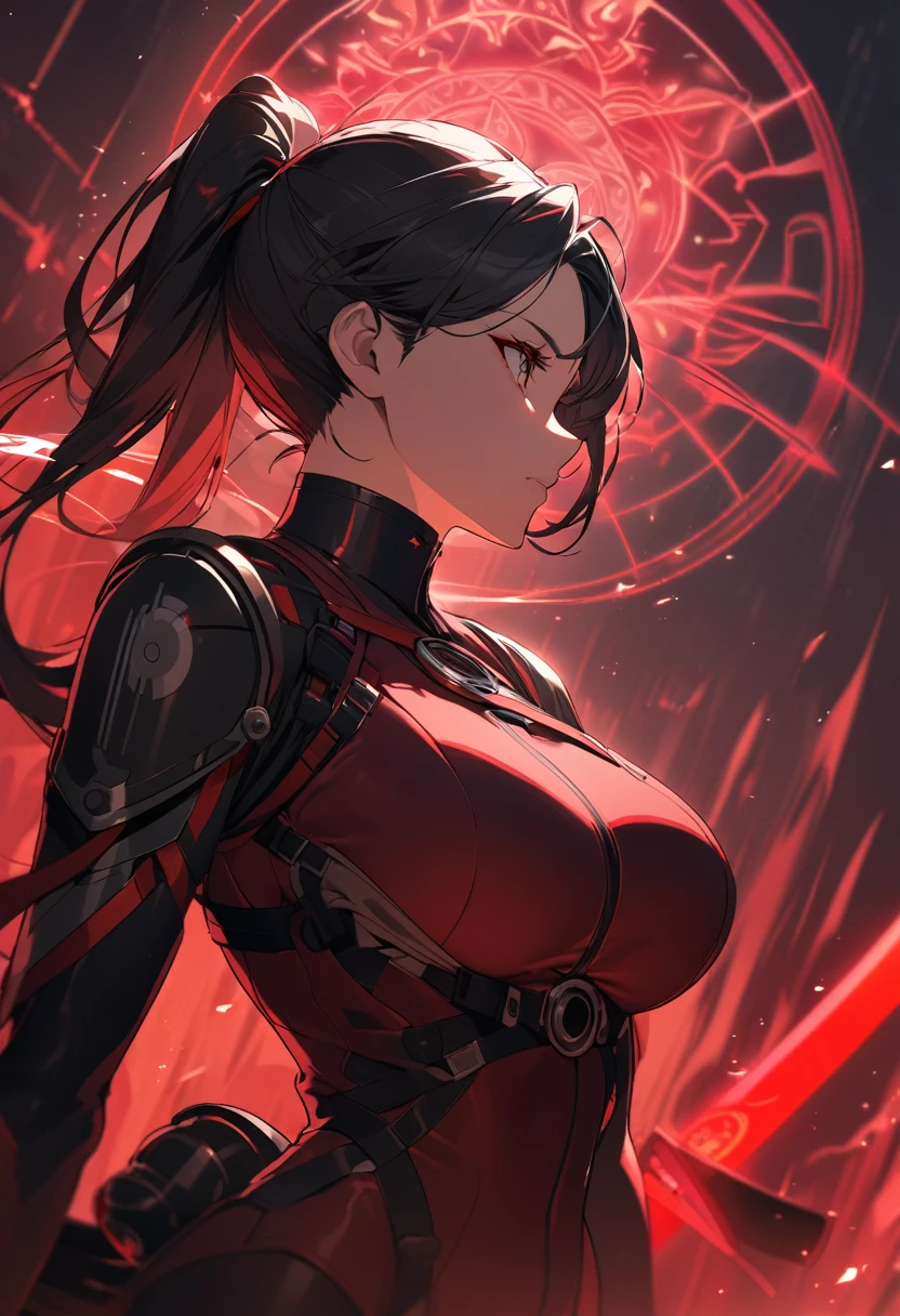 A woman,matured, perfect anatomy, high tech gas mask,long pony tail hair(black hair),red aura,red magic circle,long samurai sword,tight outfit,,closeup cinematic lighting, cinematic angle,side view