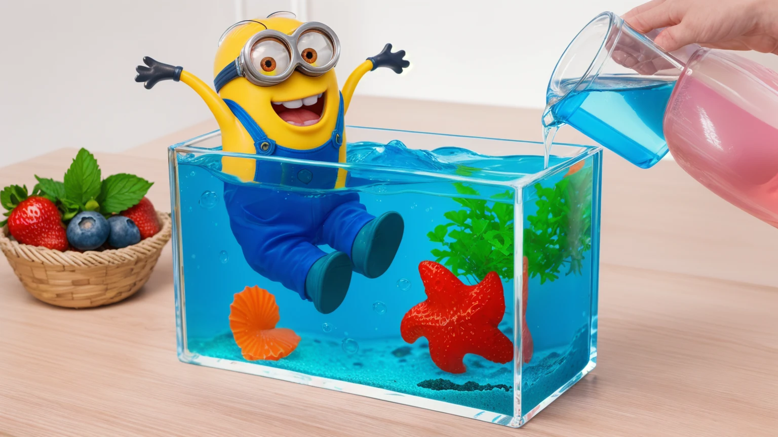 on a wooden table, there is a glass aquarium with blue water, a minion sitting in an aquarium, plastic red starfish in the aquarium, orange plastic shell and plastic green algae . water is poured from a measuring cup into an aquarium, on the table next to it there is a basket with strawberries, blueberries and mint. against the background of the kitchen .beautiful lighting, Beautiful sunlight, realistic style , realistic texture, detailed texture, a high resolution, high quality, ultra hd 4k