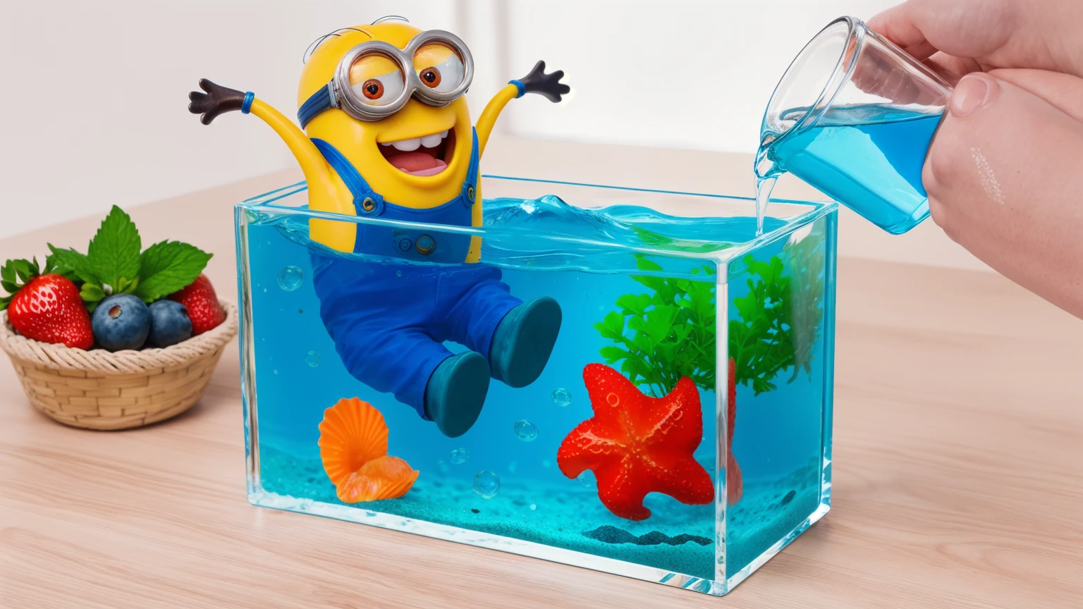 on a wooden table, there is a glass aquarium with blue water, a minion sitting in an aquarium, plastic red starfish in the aquarium, orange plastic shell and plastic green algae . water is poured from a measuring cup into an aquarium, on the table next to it there is a basket with strawberries, blueberries and mint. against the background of the kitchen .beautiful lighting, Beautiful sunlight, realistic style , realistic texture, detailed texture, a high resolution, high quality, ultra hd 4k