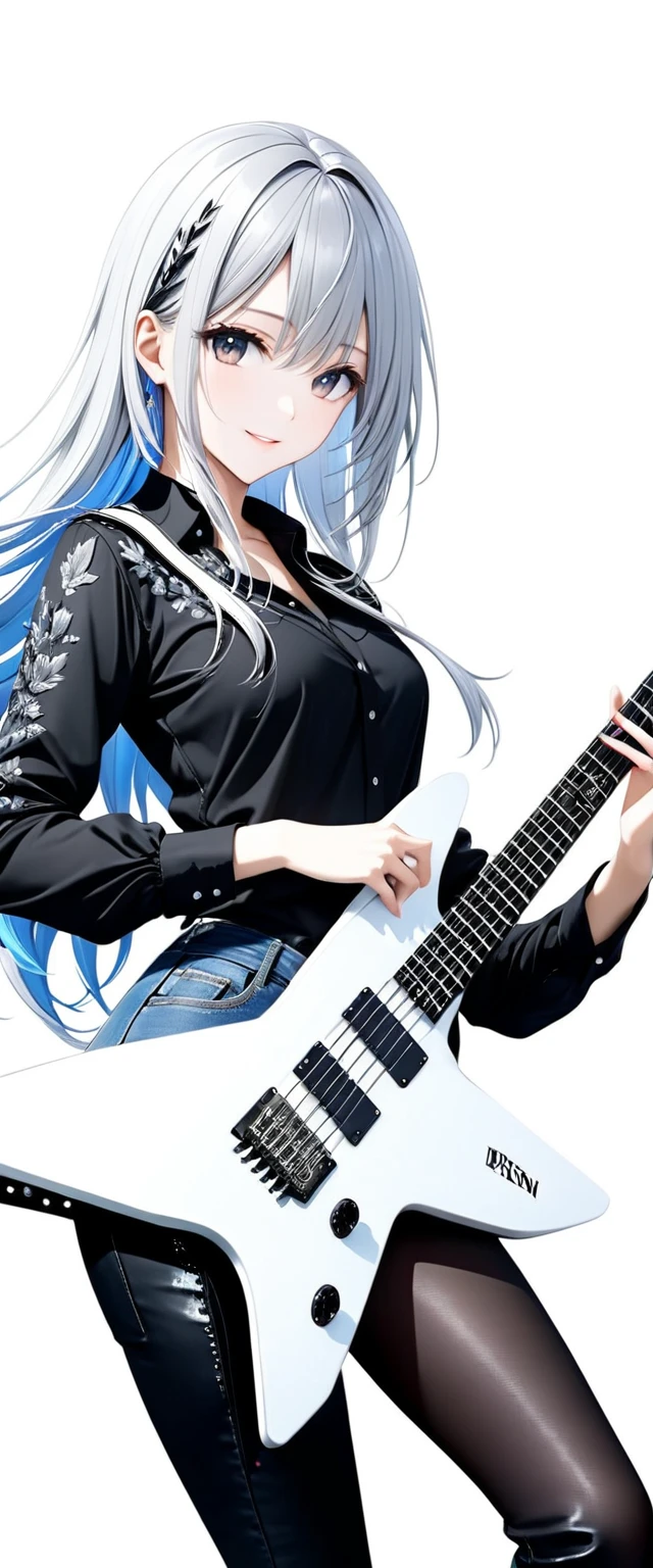 (((White background:1.5)))、(very wide shot)、(masterpiece、Ultra HD、Highest quality、Masterpiece、4K:1.2)、Slender body、Scandinavian metal girl playing a white electric guitar, A gentle gaze at the camera, Intricate details, Highly detailed eyes, Highly detailed fingers、(Black shirt and jeans) 、Long silver hair、Wear black boots、A kind smile、(((Dynamic pose:1.5)))