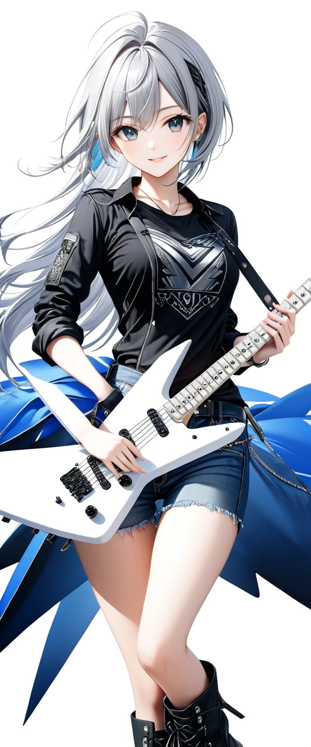 (((White background:1.5)))、(very wide shot)、(masterpiece、Ultra HD、Highest quality、Masterpiece、４K:1.2)、Slender body、Scandinavian metal girl playing a white electric guitar, A gentle gaze at the camera, Intricate details, Highly detailed eyes, Highly detailed fingers、(Black shirt and jeans) 、Long silver hair、Wear black boots、A kind smile、(((Dynamic pose:1.5)))
