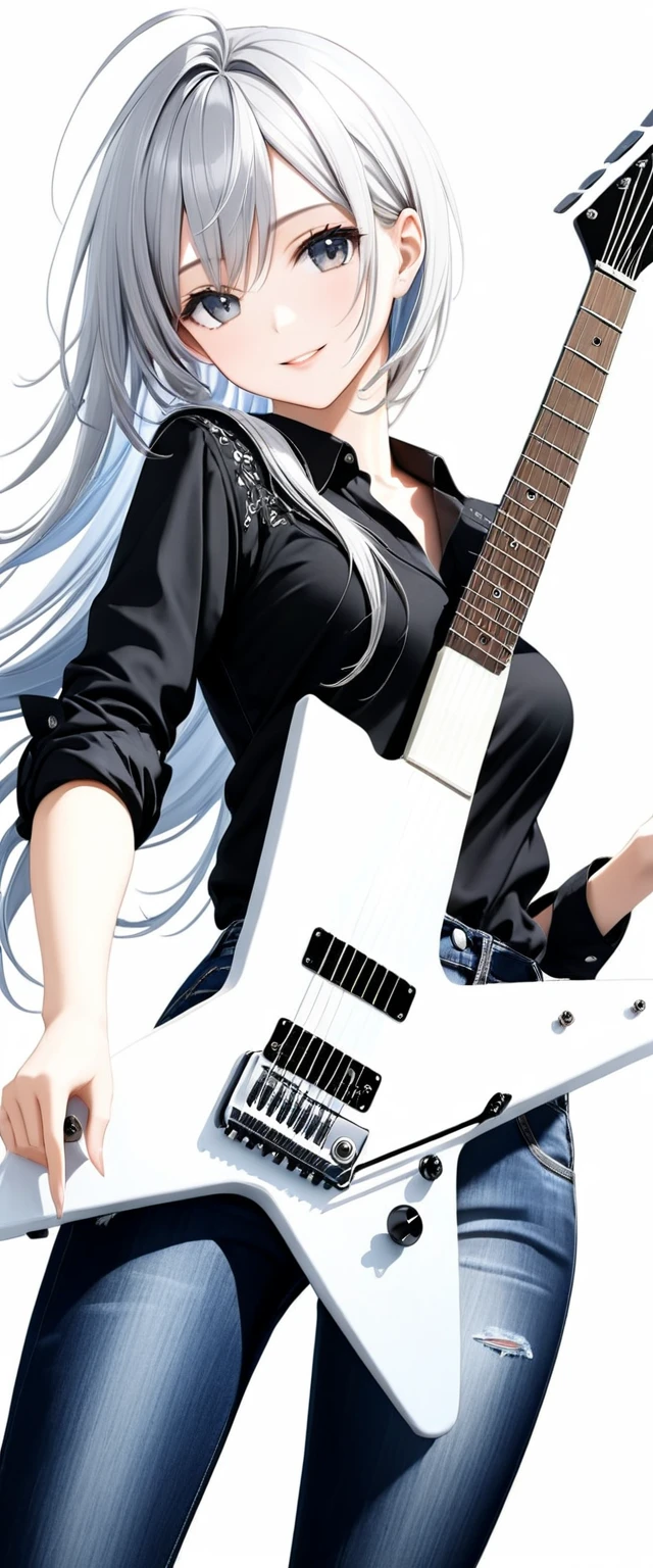 (((White background:1.5)))、(very wide shot)、(masterpiece、Ultra HD、Highest quality、Masterpiece、４K:1.2)、Slender body、Scandinavian metal girl playing a white electric guitar, A gentle gaze at the camera, Intricate details, Highly detailed eyes, Highly detailed fingers、(Black shirt and jeans) 、Long silver hair、Wear black boots、A kind smile、(((Dynamic pose:1.5)))