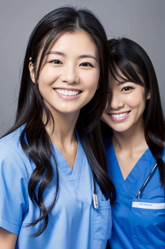 Dental hygienist, two women, smiling, all wearing black medical scrubs, short sleeves, Japanese, black hair, women in their early 20s Upper body close-up high resolution Highest quality Don't press your face too much Shooting outside Harmony々 No accessories included Black clothing