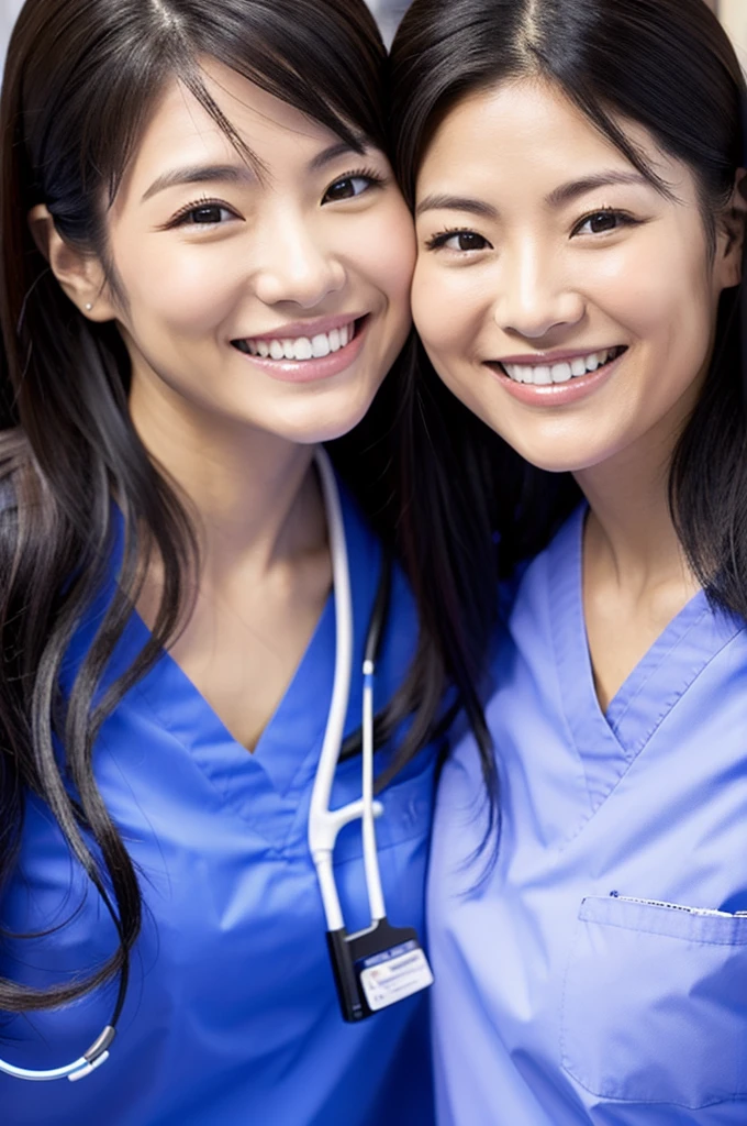 Dental hygienist, two women, smiling, all wearing black medical scrubs, short sleeves, Japanese, black hair, women in their early 20s Upper body close-up high resolution Highest quality Don't press your face too much Shooting outside Harmony々 No accessories included Black clothing