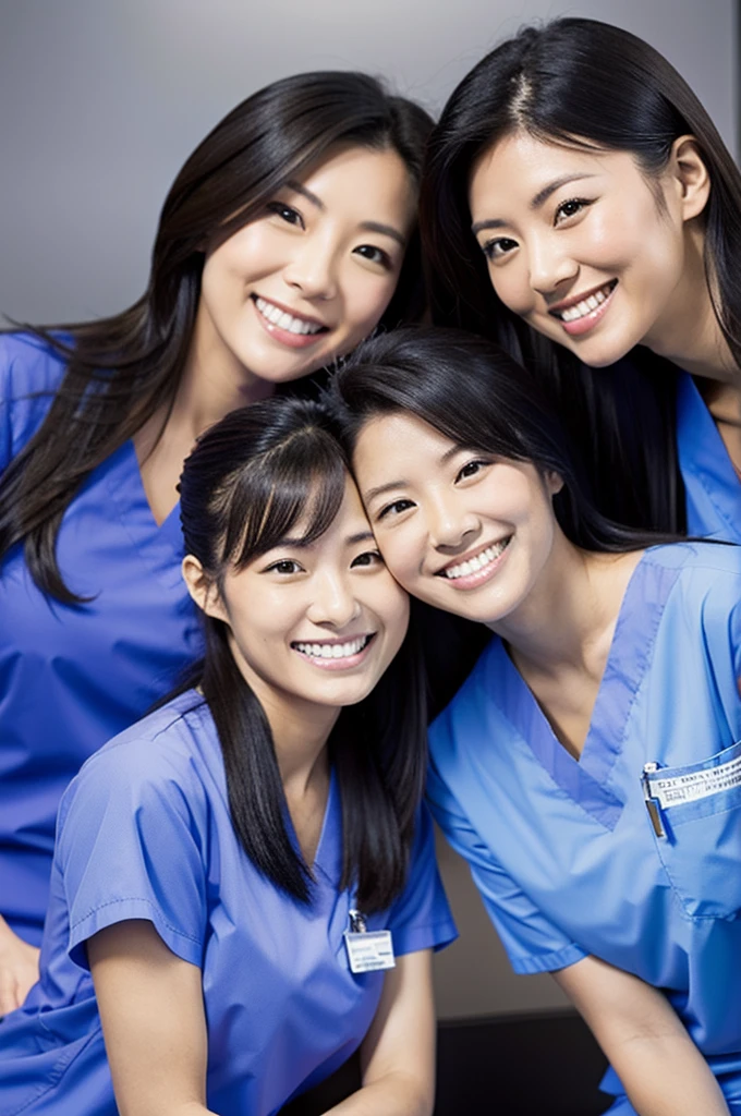 Dental hygienist, two women, smiling, all wearing black medical scrubs, short sleeves, Japanese, black hair, women in their early 20s Upper body close-up high resolution Highest quality Don't press your face too much Shooting outside Harmony々 No accessories included Black clothing