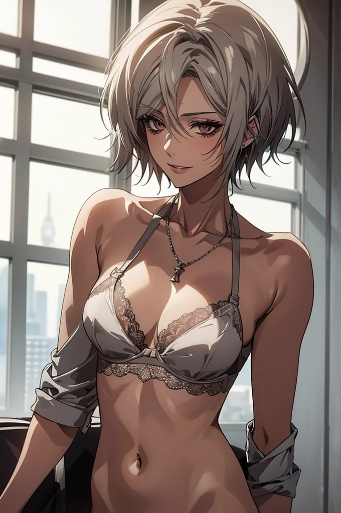 (Highest quality, High resolution, Very detailed), Silver Hair, Super short hair, Reddish brown eyes, lace thong bra, NUDE, Large Breasts, Perfect Makeup, necklace, 24th generation, Beautiful woman, mature, quiet, Calm, A small smile, office,